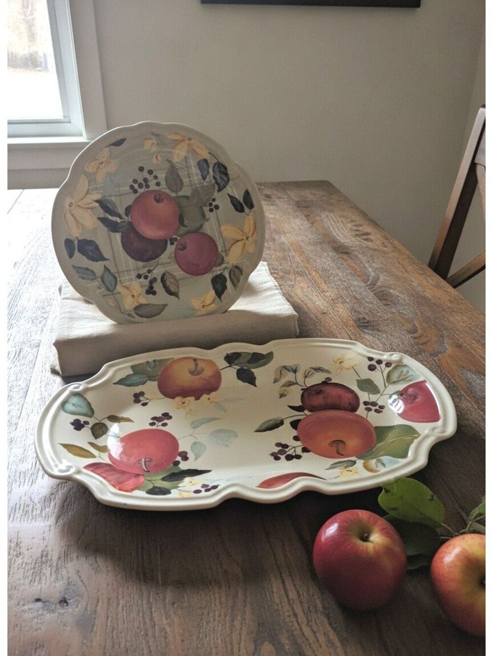 2 Pc Tracy Porter Fruitful Tapestry Hand-painted 9" Plate, 14" Serving Platter